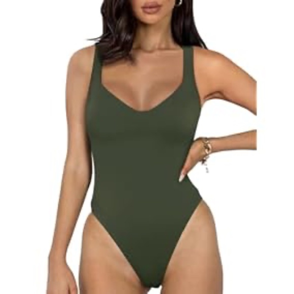 REORIA Women's size M Green V Neck Racer Back Double Lined Sleeveless bodysuit - Picture 4 of 4